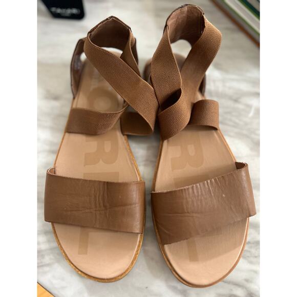 Sorel Brown Leather Cross Strap Flat Slip On Sandal - Picture 1 of 6